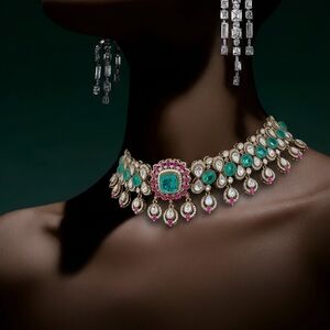 Opulent Silver, Ruby & Mint Green Moissanite Statement Necklace